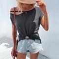 Women's dark gray off-shoulder T-shirt with cutout shoulder and stylish knotted hem - S / Dark Gray