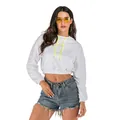 Women white cropped hoodie with yellow drawstring and Hey print shown on model - L / White