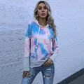 Loose pink and blue tie-dye hoodie with striped patchwork cuffs and casual drawstring - S / Blue & White