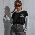 Detail of cropped color block hoodie with Hello Sunshine print and drawstring hood - XS / Sunshine Letter Print (WY1100 Black Gray)