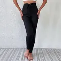 Women's high waist skinny black leggings with ribbed texture and lace-up waist detail - S / Black