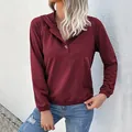 Women's casual burgundy drawstring hoodie with single button neckline and ribbed cuffs - S / Burgundy