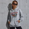 Gray oversized hoodie with vintage racing print and kangaroo pocket in casual street style - XS / Light Gray