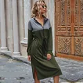 Abito midi da donna color block grigio e verde oliva con coulisse in vita - S / Verde Militare