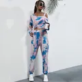 Women's pink and blue tie-dye two-piece set with off-shoulder top and high-waist pants - S / Blue Tie Dye