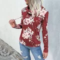 Sweat à capuche bordeaux à imprimé fleuri pour femme avec col montant et cordon serrage - Rouge