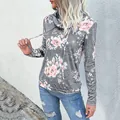 Sweat gris à col montant pour femme avec imprimé floral rose et blanc et cordon - Gris clair