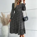 French style long sleeve midi dress in black with white heart pattern and V-neckline - S / Black