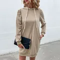 Women's khaki long-sleeve hoodie dress featuring puff sleeves and functional pockets - S / Khaki