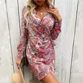 Bohemian paisley wrap dress with V-neck and long sleeves in red and blue print - S / Burgundy