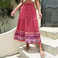 Falda larga bohemia de capas roja con estampado floral y cintura elástica alta - L / Rojo