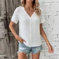 Women's summer white V-neck blouse with elegant lace trim and textured fabric design - S / White