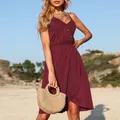 Women's sleeveless V-neck dress in wine red with button detail and elastic waist - S / Burgundy