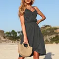 Women's charcoal grey V-neck tulip hem dress with spaghetti straps and elastic waist - L / Dark Gray