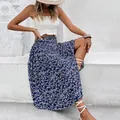 Donkerblauwe gebloemde midi-rok met hoge taille en elastische gesmokte tailleband - Marineblauw