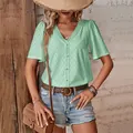 Mint green V-neck T-shirt with lace hollow embroidery and button details for summer - Mint Green