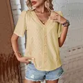 Women's light yellow V-neck T-shirt with eyelet embroidery and short puff sleeves - Yellow