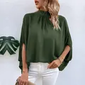 Elegant dark green mock neck blouse with batwing sleeves and side slit cuff details - Army Green
