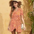 Floral V-neck wrap dress with ruffle hem and waist tie for summer beach vacation - S / Orange Floral