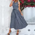 Summer sleeveless striped maxi dress in navy and white with a chic high waist design - XL / Navy Blue