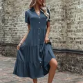 Short sleeve navy blue tiered midi dress with lapel collar and button front detail - S / Dark Gray