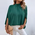 Elegant dark green high-neck blouse with silk sheen and side-slit sleeves for women - S / Dark Green
