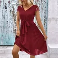 Elegant wine red pleated dress with lace splicing sleeves and a waist tie belt - S / Burgundy
