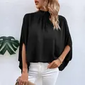 Elegant black satin mock neck blouse with split batwing sleeves and pleated details - S / Black