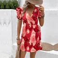 Robe courte cache-cœur d'été pour femme avec col en V et imprimé marbré rouge - S / Rouge