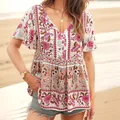Women's V-neck bohemian print top with buttons and ruffled short sleeves for summer - S / White