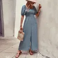 Blue floral square neck puff sleeve jumpsuit with wide legs and smocked waist - S / Jumpsuits / Blue White Floral