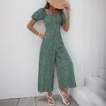 Women's green floral wide-leg jumpsuit with puff sleeves and square neckline for summer - S / Dresses / Green Floral