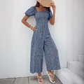 Navy floral square neck jumpsuit with puff sleeves and wide legs for a summer resort look - S / Dresses / Royal Blue Floral