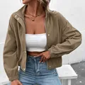 Women's khaki waffle texture short jacket with stand collar and zipper closure - S / Brown