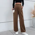 Pantaloni a gamba larga a vita alta da donna in color caffè con quattro bottoni decorativi - S / Marrone