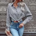 Women's vertical striped button-down long sleeve shirt tied at waist with denim jeans - XL / Gray