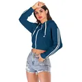 Short dark blue zip-up hoodie with white drawstrings and double sleeve stripes - S / Navy Blue
