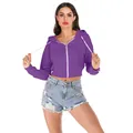 Women's dark purple cropped hooded sweatshirt with long sleeves and casual zipper closure - Purple