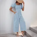 Combinaison fleurie bleue à col carré et manches bouffantes avec jambe large - S / Combinaisons / Bleu Clair Floral