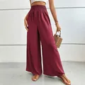 Pantalon large évasé pour femme en rouge vin avec taille haute élastique froncée - Bordeaux