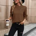 Women's dark brown long sleeve pullover with buttoned V-neck and diamond texture - S / Coffee Brown