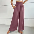 Pantalon large évasé à taille haute pour femme en vieux rose avec tissu texturé et poches - Rouge Brique
