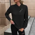 Sudadera negra de manga larga para mujer con cuello en V, botones y textura de rombos - S / Negro