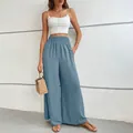 Pantalon large évasé pour femme en bleu avec taille haute élastiquée et plissée - Bleu Clair