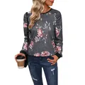 Women's grey long sleeve sweatshirt with floral print and black ribbed crewneck cuffs - S / Dark Gray