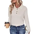 Damen Poloshirt in Beige aus Rippstrick mit Langarm und stilvollem Button-Kragen - S / Aprikose