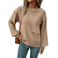 Γυναικείο πλεκτό πουλόβερ κάμελ με μακριά μανίκια και διακοσμητικές εξωτερικές ραφές - S / Χακί