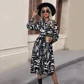 Fashionable black and white graffiti print long sleeve midi dress with belt - S / Black Printed