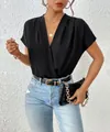 Elegant black V-neck short sleeve bodysuit with stylish wrap design and pleat details - S / Black
