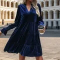 Elegant deep blue velvet V-neck dress with layered ruffles and long elastic sleeves - S / Navy Blue
